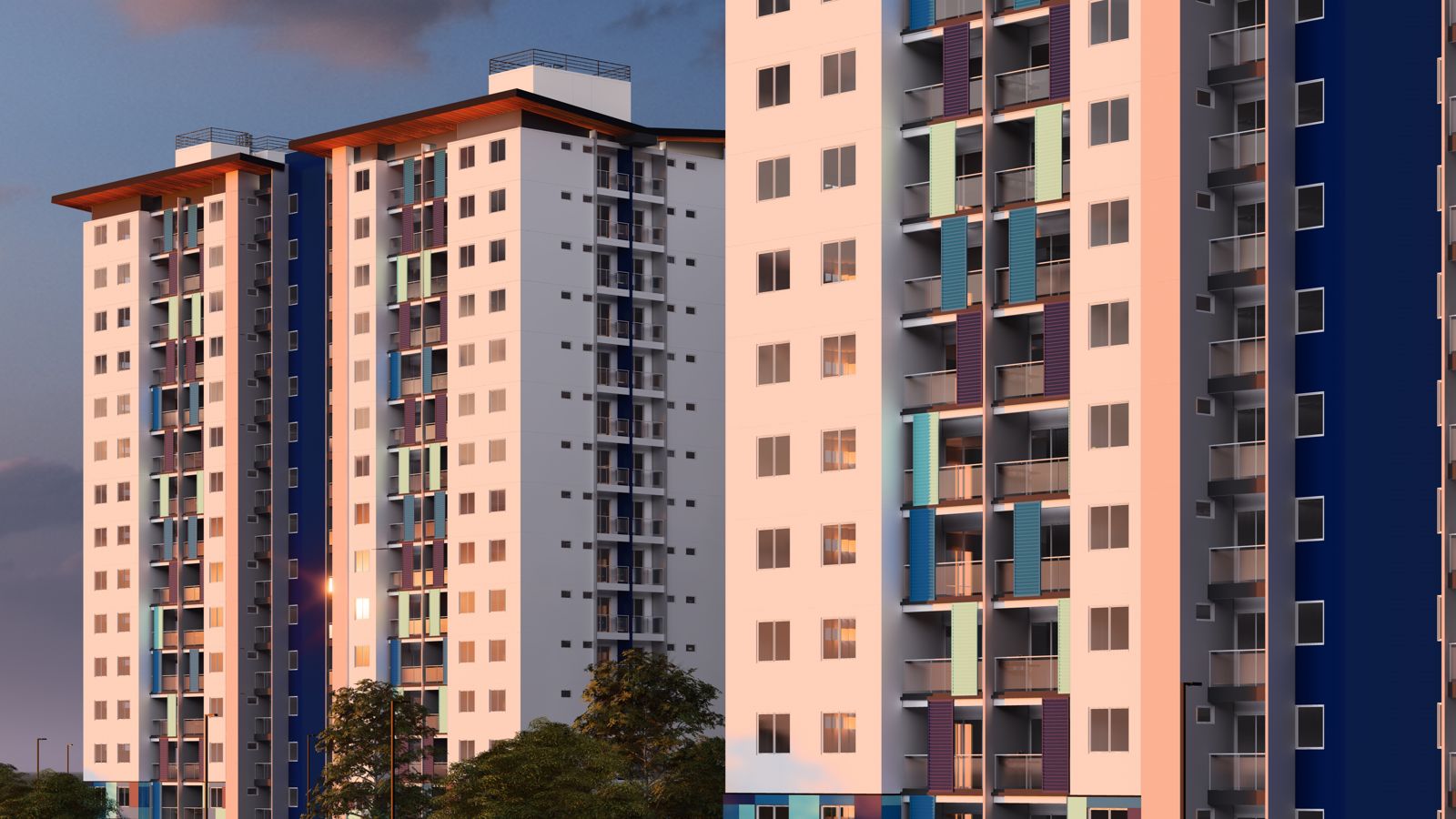 Fachada das torres do Parque Futuro ao entardecer